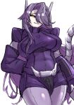  1girl black_sclera breasts colored_sclera covered_navel genderswap genderswap_(mtf) hand_on_own_hip highres humanization jacket jiatang large_breasts long_hair looking_at_viewer mechanical_tail orange_eyes pantyhose parted_lips purple_hair purple_jacket purple_pantyhose robot_ears scowl shockwave_(transformers) simple_background solo tail transformers transformers:_earthspark very_long_hair white_background 