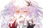  1girl absurdres acheron_(honkai:_star_rail) ambiguous_red_liquid blood blood_from_eyes eyelashes fengweijue flower hair_ornament highres holding holding_flower honkai:_star_rail honkai_(series) long_hair official_alternate_hair_color red_eyes solo white_background white_flower white_hair 