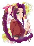  1girl aerith_gainsborough bangle bangs bracelet braid braided_ponytail brown_hair cropped_jacket final_fantasy final_fantasy_vii final_fantasy_vii_remake floral_background flower green_eyes hair_ribbon holding holding_flower jacket jewelry light_blush lily_(flower) long_hair looking_at_viewer parted_bangs pink_ribbon red_jacket ribbon sanroku_3 short_sleeves sidelocks smile solo twitter_username upper_body white_background yellow_flower 
