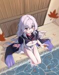  1girl absurdres arknights barefoot black_cape blue_eyes blush breasts cape cleavage commentary_request dated falling_leaves gaoling_gangqin highres leaf long_hair looking_at_viewer medium_breasts mulberry_(arknights) open_mouth partially_submerged sitting solo very_long_hair water white_hair 