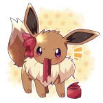  bow brown_fur eevee looking_at_viewer mouth_hold no_humans pokemon pokemon_(creature) purple_eyes red_bow red_ribbon ribbon ribbon_in_mouth roku_(rokkrn) solo two-tone_fur white_fur 