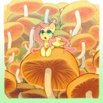  1girl absurdres artist_name feathered_wings fluttershy green_eyes highres long_hair mushroom my_little_pony my_little_pony:_friendship_is_magic no_humans on_mushroom open_mouth pegasus pink_hair resoi0 solo wings yellow_fur yellow_wings 