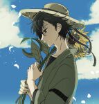  1boy black_eyes black_hair blue_sky cloud commentary_request day flower from_side hat holding holding_flower japanese_clothes male_focus mole mole_under_eye nakanakacxy original outdoors profile sky solo sun_hat sunflower upper_body yellow_flower 