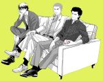  3boys ace_of_diamond amahisa_kousei baseball baseball_(object) belt buzz_cut character_request couch crossed_legs egg_(cknlun) figure_four_sitting glasses hand_on_own_knee head_rest looking_at_viewer male_focus miyuki_kazuya multiple_boys pants shirt shoes short_hair sitting spot_color striped_clothes striped_shirt very_short_hair yellow_background 
