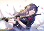  1girl arknights black_gloves dress flower gloves hibiscus hibiscus_(arknights) hibiscus_the_purifier_(arknights) highres holding holding_instrument horns instrument long_hair petals purple_eyes unitaka 