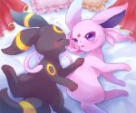  absurdres black_fur blush closed_eyes espeon forehead_jewel forked_tail hair_in_another&#039;s_mouth highres looking_at_another lying markings no_humans on_side pink_fur pokemon pokemon_(creature) purple_eyes shii_(no-va_could) sleeping smile sweat tail two-tone_fur umbreon yellow_fur zzz 