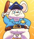  anthro balls belly belt blue_eyes bottomless bottomless_male buckteeth clothed clothing flaccid fur genitals hat headgear headwear male mammal mappy mappy_(character) mincheeto mouse murid murine navel overweight penis police police_uniform rodent solo teeth uniform white_body white_fur 