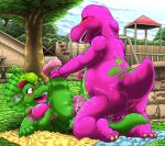  2019 3_toes 4_fingers anthro anthro_on_anthro anthro_penetrated anthro_penetrating anthro_penetrating_anthro anus baby_bop balls barney_and_friends barney_the_dinosaur black_eyes blush bodily_fluids breasts clitoris clothing cloud colored cum cum_in_pussy cum_inside day detailed_background dinosaur duo ejaculating_cum ejaculation eyes_closed feet female female_penetrated fingers footwear footwear_only from_front_position genital_fluids genitals grass green_body green_hair green_scales hair happy happy_sex holding_both_legs holding_legs_up interspecies kitsune_youkai kneeling looking_at_another looking_at_partner male male/female male_penetrating male_penetrating_female mostly_nude multicolored_body multicolored_scales nature nipples nude open_mouth orgasm orgasm_face outside outside_sex penetration penile penile_penetration penis penis_in_pussy pink_body pink_clothing pink_footwear pink_scales pink_shoes plant playground pussy pussy_juice raised_tail reptile scales scalie sex shaded shoes shoes_only sky spots spotted_body tail_between_legs teeth toes tongue towel tree vaginal vaginal_penetration victory_position wall_(structure) 