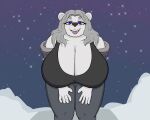  absurd_res anthro bear big_breasts black_clothing black_shirt black_topwear bottomwear breasts claws cleavage clothed clothing crispymutton curvy_female curvy_figure eyebrows female finger_claws fur grey_bottomwear grey_clothing grey_hair grey_pants grey_sweater grey_topwear hair hi_res huge_breasts kira_(crispymutton) long_hair mammal open_mouth overweight overweight_anthro overweight_female pants pink_tongue polar_bear purple_eyes shirt slightly_chubby slightly_chubby_anthro slightly_chubby_female snow solo solo_focus star sweater thick_thighs tongue tongue_out topwear ursine voluptuous white_body white_fur wide_hips 
