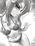  1girl arm_behind_back bikini breasts cleavage collarbone eyelashes koharu2.5 long_hair medium_breasts midriff monochrome navel o-ring o-ring_bikini o-ring_top octoling octoling_girl octoling_player_character parted_lips solo splatoon_(series) suction_cups swimsuit tentacle_hair thigh_gap 