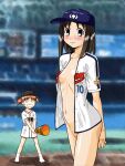  2girls arms_behind_back azumanga_daioh baseball_cap baseball_field baseball_jersey baseball_stadium black_eyes black_hair black_hat blue_hat blurry blurry_background bottomless breasts clenched_teeth closed_mouth convenient_censoring cowboy_shot expressionless from_side full_body groin hat holding holding_megaphone interlocked_fingers jersey kasuga_ayumu kinetsu_buffaloes looking_at_viewer looking_to_the_side medium_hair megaphone mihama_chiyo multiple_girls navel nipples no_bra no_pants non-web_source o_o open_clothes open_shirt red_hair shadow shirt short_twintails single_vertical_stripe small_breasts socks solo_focus spread_legs standing surprised sweatdrop teeth textless_version twintails umedama_nabu unbuttoned white_shirt white_socks 