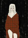  1girl bare_shoulders black_background coat commentary english_commentary highres long_hair looking_to_the_side nubesroom original plaid plaid_coat red_coat solo standing unmoving_pattern 