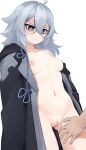  1girl ahoge annoyed artist_name ass_visible_through_thighs bangs blue_eyes borrowed_character breasts commentary english_commentary frown glasses grey_hair hair_between_eyes hand_on_another&#039;s_thigh highres jacket long_hair looking_down medium_breasts mole mole_under_eye naked_jacket navel nipples off_shoulder open_clothes open_jacket original pussy round_eyewear simple_background solo_focus stomach uncensored white_background yoako 