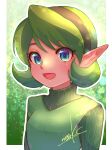  green_background green_eyes green_hair green_hairband hairband highres kokiri looking_at_viewer nonoworks open_mouth pointy_ears saria_(zelda) smile the_legend_of_zelda the_legend_of_zelda:_ocarina_of_time tunic turtleneck 