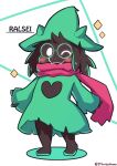  1boy ;) absurdres blush character_name commentary_request deltarune fake_horns full_body glasses green-framed_eyewear green_hat green_robe hat highres horned_hat horns long_sleeves looking_at_viewer male_focus one_eye_closed ralsei red_scarf robe round_eyewear scarf sleeves_past_wrists smile solo sparkle standing twitter_username white_background witch_hat yuya090602 