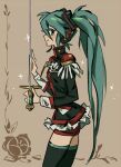  1girl black_jacket black_thighhighs blue_hair blue_nails brown_background closed_mouth cosplay cowboy_shot edward_(chookooreetoo) floral_background frilled_jacket frills hand_up hatsune_miku headphones holding holding_sword holding_weapon jacket long_hair looking_at_viewer rapier red_shorts shorts shoujo_kakumei_utena smile solo sword tenjou_utena tenjou_utena_(cosplay) thighhighs twintails very_long_hair vocaloid weapon 