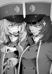  2girls absurdres andou_(girls_und_panzer) anger_vein bc_freedom_military_uniform buchisakana commentary_request girls_und_panzer greyscale hat highres jacket long_hair long_sleeves looking_at_another looking_at_viewer monochrome multiple_girls open_clothes open_jacket open_mouth oshida_(girls_und_panzer) shirt smile sparkle upper_body v 