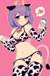  1girl animal_ears animal_print armpits artist_name bare_shoulders bell bikini bottle breasts cleavage clover_hair_ornament commentary_request contrapposto cow_ears cow_print cow_print_bikini cow_print_gloves cow_print_thighhighs cow_tail cowbell cowboy_shot ear_tag fingerless_gloves front-tie_bikini_top front-tie_top glass_bottle gloves hair_ornament heart highres holding holding_bottle holding_glass_bottle horns large_breasts navel neck_bell original pink_background print_bikini print_gloves print_thighhighs purple_hair short_hair side-tie_bikini_bottom simoyuki simple_background solo spoken_heart swimsuit tail thighhighs 