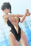  1girl alternate_costume ass_visible_through_thighs black_one-piece_swimsuit blurry blurry_background breast_press breasts brown_eyes brown_hair clothing_cutout highleg highleg_swimsuit highres inverted_nipples kaga_(kancolle) kantai_collection large_breasts long_hair looking_at_viewer navel nipple_slip nipples one-piece_swimsuit parted_lips revision side_ponytail solo stomach_cutout stretching swimsuit wa_(genryusui) 