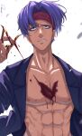  1boy abs absurdres blood headband highres jacket looking_at_viewer nico_vorgeil open_clothes open_jacket pectorals purple_eyes purple_hair purple_jacket red_headband shishiruto short_hair simple_background solo toned toned_male undead_unluck white_background 