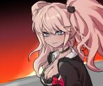  1girl absurdres bear_hair_ornament black_background black_choker black_shirt blonde_hair blue_eyes blush bow breasts choker cleavage danganronpa:_trigger_happy_havoc danganronpa_(series) enoshima_junko hair_ornament highres hy_(fjvlg) large_breasts long_hair necktie red_background red_bow shirt smile twintails 