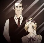  1boy 1girl black_hair blonde_hair bow crossover deviantart father_and_daughter female_child glasses hair_bow kutori_(artist) medic_(tf2) mercy_(overwatch) overwatch photo_(object) ponytail sepia team_fortress_2 