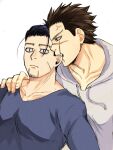  2boys alternate_costume anger_vein biting black_eyes black_hair casual ear_biting facial_hair goatee golden_kamuy hair_slicked_back hair_strand hand_on_another&#039;s_shoulder highres hood hoodie male_focus multiple_boys ogata_hyakunosuke ri_(ri_kaos21) scar scar_on_cheek scar_on_face short_hair slit_pupils stitches stubble sugimoto_saichi surprised undercut upper_body wide-eyed 