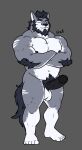  anthro balls canid canine canis domestic_dog erection genitals hair hi_res hunterramirez male male/male mammal muscular nude penis smile solo standing wolf 