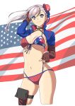  1girl absurdres american_flag american_flag_print bikini blue_eyes breasts brown_gloves cleavage closed_mouth commentary_request cropped_legs fate/grand_order fate_(series) fingerless_gloves flag_print gloves grey_hair hand_in_own_hair hide12862152 highres large_breasts long_hair looking_at_viewer miyamoto_musashi_(fate) miyamoto_musashi_(swimsuit_berserker)_(fate) miyamoto_musashi_(swimsuit_berserker)_(second_ascension)_(fate) navel pouch smile solo swimsuit thigh_pouch thigh_strap 