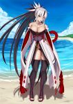  1girl areola_slip bare_shoulders beach black_hair blush breasts cleavage fate/grand_order fate_(series) green_eyes highres large_breasts long_hair looking_at_viewer massive_kagawa nagao_kagetora_(fate) off_shoulder ponytail shore smile solo thighhighs uesugi_kenshin_(fate) white_hair wide_sleeves 