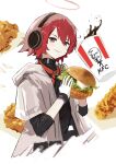  1girl :t arknights black_shirt brown_eyes burger cola cup detached_wings disposable_cup eating exusiai_(arknights) exusiai_(city_rider)_(arknights) food food_on_face food_request gloves halo hashtag-only_commentary headphones highres holding holding_burger holding_food hood hooded_jacket ice ice_cube jacket kfc looking_at_viewer neckerchief open_clothes open_jacket red_hair red_neckerchief shirt short_hair short_sleeves simple_background smile solo sun_showdmp white_background white_gloves white_jacket wings 