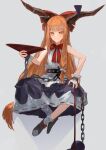  1girl absurdres belt black_footwear bow bowtie chain commentary_request cuffs cup footwear_bow full_body gourd grey_background hair_bow hand_on_own_knee highres holding holding_cup horn_bow horn_ornament horns ibuki_suika ichika_(ichika87) long_hair looking_at_viewer orange_eyes orange_hair purple_bow purple_skirt red_bow red_bowtie ribbon-trimmed_skirt ribbon_trim sakazuki shackles shirt sitting skirt sleeveless sleeveless_shirt smile socks solo touhou very_long_hair white_shirt white_socks wrist_cuffs 