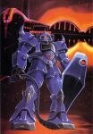  1970s_(style) 1980s_(style) aircraft desert dusk gaw gouf gundam looking_at_viewer magazine_scan mecha mobile_suit mobile_suit_gundam no_humans official_art one-eyed ookawara_kunio painting_(medium) red_eyes retro_artstyle robot scan science_fiction shield shoulder_spikes spikes thrusters traditional_media whip 