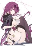  1girl ass black_jacket black_thighhighs bra breasts commentary eyewear_on_head from_behind garter_straps gloves highres honkai:_star_rail honkai_(series) jacket kafka_(honkai:_star_rail) large_breasts long_hair looking_at_viewer looking_back pince-nez purple_eyes purple_gloves purple_hair sitting solo spider_web_print sunglasses thighhighs underwear white_bra xfate 