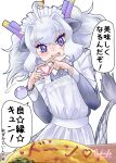  1girl alternate_costume apron blush commentary dragon_ears dragon_girl dragon_horns dragon_tail enmaided extra_ears food frilled_apron frills heart heart_hands heart_in_heart_hands highres horns kemono_friends kemono_friends_3 ketchup long_hair looking_at_viewer maid maid_apron maid_headdress moe_moe_kyun! multicolored_horns omelet omurice parody puffy_short_sleeves puffy_sleeves purple_horns redrufu2000 shirt short_sleeves solo tail translated white_apron white_dragon_(kemono_friends) white_hair 