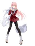  1girl :d bad_id bad_twitter_id black_pantyhose blunt_bangs boots bullfalk darling_in_the_franxx dress full_body green_eyes grin hairband highres holding horns legs_apart long_hair long_sleeves looking_at_viewer pantyhose picnic_basket pink_hair red_dress red_horns short_dress simple_background small_horns smile solo standing swept_bangs two-handed very_long_hair white_background white_footwear white_hairband zero_two_(darling_in_the_franxx) 