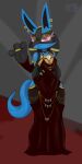  2024 anthro blue_body blue_fur breasts cleavage clothed clothing ear_piercing elchuydra elegant_dress evening_gown female fur furgonomics generation_4_pokemon gold_(metal) gold_eyeshadow gold_jewelry hand_behind_back hi_res hina_(elchuydra) hollow_hip_backless_chain_dress jewelry looking_at_viewer lucario meme meme_clothing nintendo piercing pokemon pokemon_(species) purple_eyes red_carpet signature small_breasts smile smiling_at_viewer solo tail wide_hips 