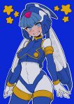  1girl absurdres android armor blue_armor blue_background blue_eyes blue_helmet blue_sleeves blue_vest blush bodysuit boots breasts buzzlyears covered_navel cowboy_shot crop_top crotch_plate detached_sleeves fairy_leviathan_(mega_man) forehead_jewel helmet highres looking_at_viewer medium_breasts mega_man_(series) mega_man_zero_(series) nervous_smile sharp_teeth simple_background smile solo star_(symbol) teeth thigh_boots vest white_bodysuit 