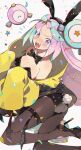  animal_ears bare_shoulders black_leotard blue_hair blush bow bow-shaped_hair bowtie breasts character_hair_ornament fake_animal_ears hair_ornament high_heels highres iono_(pokemon) jacket kawasaki_(kwsk_8765) leotard long_hair looking_at_viewer magnemite multicolored_hair open_mouth oversized_clothes pink_hair playboy_bunny pokemon pokemon_sv rabbit_ears rabbit_tail sharp_teeth sleeves_past_fingers sleeves_past_wrists strapless strapless_leotard tail teeth thighhighs two-tone_hair yellow_jacket 