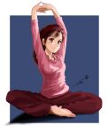  1girl arms_up barefoot blue_background brown_eyes brown_hair brown_pants chutohampa hairband interlocked_fingers long_hair original own_hands_together pants pink_shirt red_hairband shirt simple_background sitting solo stretching 