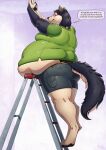  2022 anthro azsola belly belly_on_ladder_meme big_belly black_body black_fur black_pawpads bottomwear butt canid canine canis clothing cutoffs denim denim_clothing dialogue english_text exposed_belly fluffy fluffy_tail fur green_clothing green_shirt green_t-shirt green_topwear hi_res hotpants ladder looking_back love_handles male mammal meme moobs obese obese_anthro obese_male orange_eyes overweight overweight_anthro overweight_male pawpads shirt shorts signature solo speech_bubble standing t-shirt tan_body tan_fur text topwear wolf 