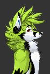  anthro biped canid fur green_body green_fur hair hi_res kitchidrachenblut looking_at_viewer male mammal portrait red_eyes smile solo 