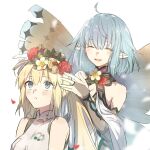  2girls ahoge artoria_caster_(fate) artoria_pendragon_(fate) blonde_hair blue_hair blush breasts closed_eyes collar fate/grand_order fate_(series) flower green_eyes hair_flower hair_ornament kabutomushi_s multiple_girls open_mouth red_flower short_hair small_breasts twintails vest white_flower white_vest 
