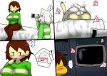  anthro asriel_dreemurr balls biped blush bovid caprine chara_(undertale) clothed clothing enigi09 female frisk_(undertale) from_front_position fur genitals goat group heart_symbol hi_res human male mammal mating_press nude sex trio undertale undertale_(series) white_body white_fur 