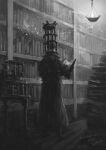  1boy artist_name bloodborne book book_stack bookshelf cage capelet cloak fire flame from_behind greyscale helmet highres lamp male_focus micolash_host_of_the_nightmare monochrome open_book reading shelf shoes solo standing table tripdancer 