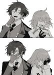  1boy 1girl :d ^_^ ahoge closed_eyes closed_mouth collared_shirt constantine_xi_(fate) covering_mouth dress earrings expressionless fate/grand_order fate_(series) fujimaru_ritsuka_(female) fujimaru_ritsuka_(female)_(decisive_battle_chaldea_uniform) gloves greyscale hair_between_eyes hand_on_own_face highres jewelry kitada laughing long_sleeves looking_down medium_hair monochrome multiple_views necktie parted_lips profile shirt short_hair simple_background smile suit_jacket tearing_up teeth upper_body upper_teeth vest white_background 