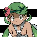  1girl bangs bare_shoulders blush breasts closed_mouth collarbone commentary_request dark-skinned_female dark_skin flower gomatarou_(pixiv196136) green_eyes green_hair green_hairband grey_overalls hair_flower hair_ornament hairband jaggy_lines leaning_forward light_blush long_hair looking_at_viewer lowres mallow_(pokemon) nipples no_shirt overalls pink_flower pokemon pokemon_(game) pokemon_sm shaded_face shiny shiny_hair small_breasts solo split_depth sweat swept_bangs textless_version twintails upper_body v-shaped_eyebrows white_background wide-eyed 