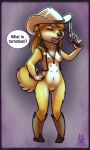  2017 6_nipples anthro black_nose boots breasts brown_hair canid canine canis claws clothing cowboy_boots cowboy_hat dialogue domestic_dog english_text eyebrows eyes_closed female footwear front_view genitals gun hair hand_on_own_hip handgun hat headgear headwear holding_gun holding_handgun holding_object holding_revolver holding_weapon jacket lichfang long_hair mammal mostly_nude multi_nipple multicolored_body navel nipples open_mouth orange_body pawpads pussy ranged_weapon revolver sheriff_badge shiba_inu simple_background solo speech_bubble spitz standing teeth text tongue topwear two_tone_body weapon white_body 