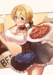  1girl alcohol alternate_costume anchor_hair_ornament beer beer_mug black_skirt blonde_hair breasts commentary_request cowboy_shot cup dirndl food frilled_skirt frills german_clothes green_eyes hair_ornament highres holding kantai_collection large_breasts long_hair mug prinz_eugen_(kancolle) shirt skirt solo twintails white_shirt yomitsuna 