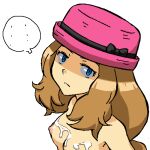  ... 1girl black_ribbon blue_eyes breasts brown_hair closed_mouth commentary_request completely_nude cum cum_on_body cum_on_breasts expressionless gomatarou_(pixiv196136) hat hat_ribbon jaggy_lines long_hair looking_at_viewer lowres nipples nude pink_headwear pokemon pokemon_(game) pokemon_xy porkpie_hat ribbon serena_(pokemon) shaded_face shiny shiny_hair sidelocks simple_background small_breasts solo speech_bubble spoken_ellipsis upper_body white_background 